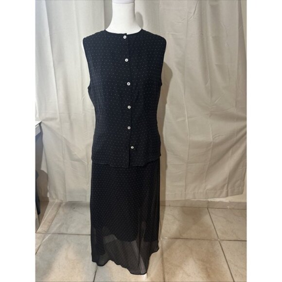 Allison Taylor woman 100% silk Skirt & Blouse Black with Beige Polka Dots SIZE M - Picture 2 of 9